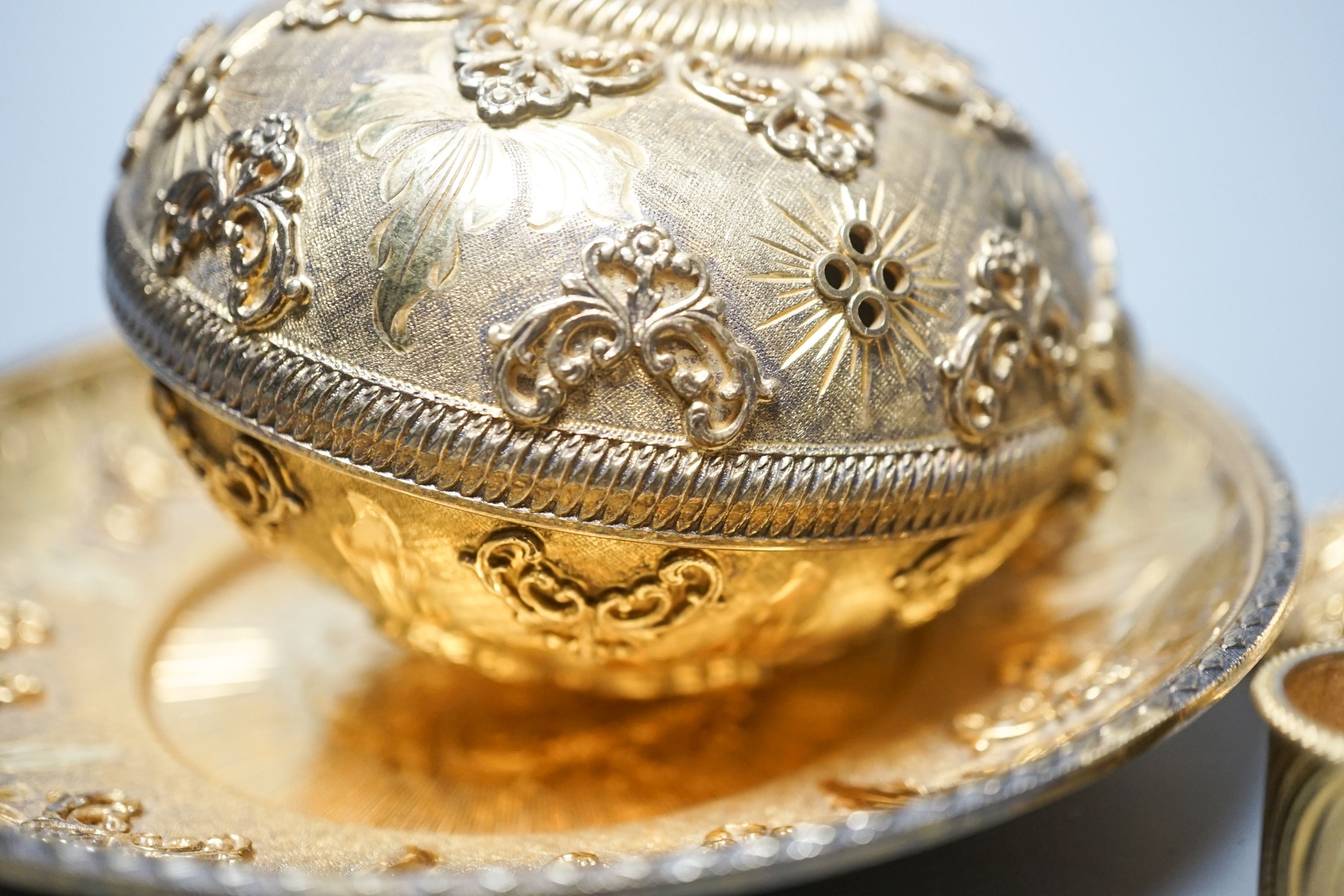 An ornate 20th century continental gilt white metal censer, stamped 925 (part of central stem missing).